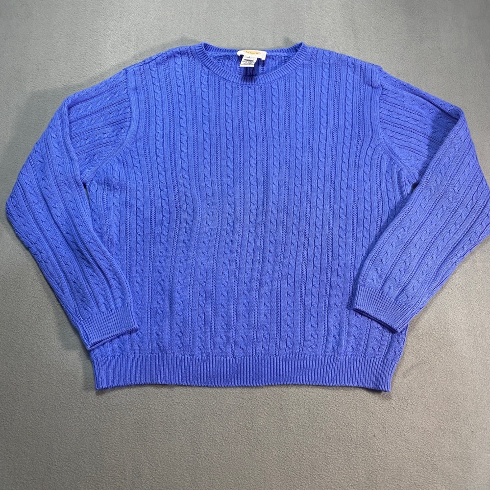 Talbots Sweater Womens Large Petite Blue Excellent Cable Knit Cotton Crew Neck